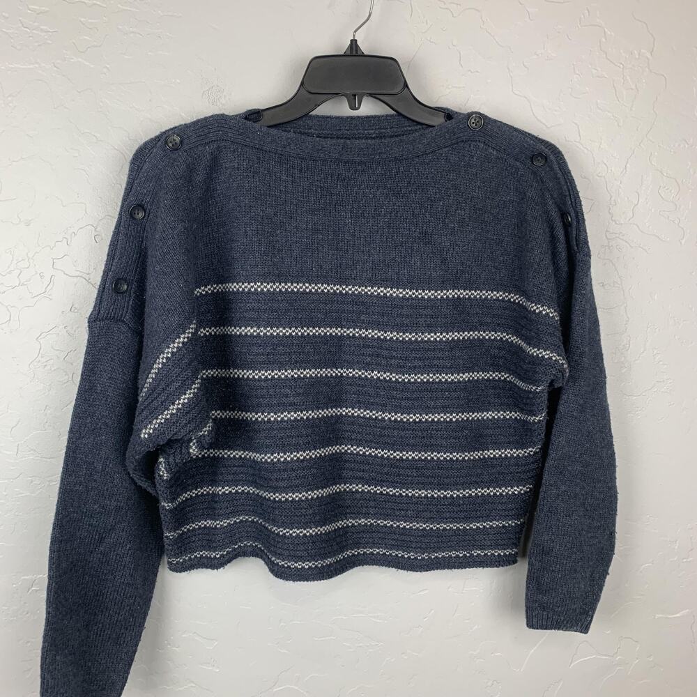 PrAna Sweater Womens Medium Blue Wool Striped Button Shoulder Pullover Knit